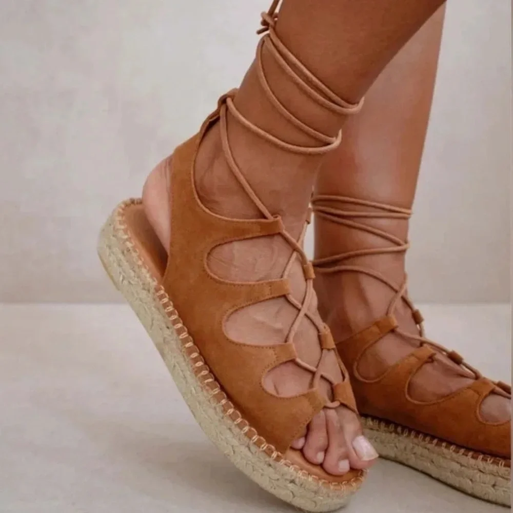 ALOHA’S Tan Camel Gladiator Leather Platform Lace-Up Wrap Espadrille Sandals